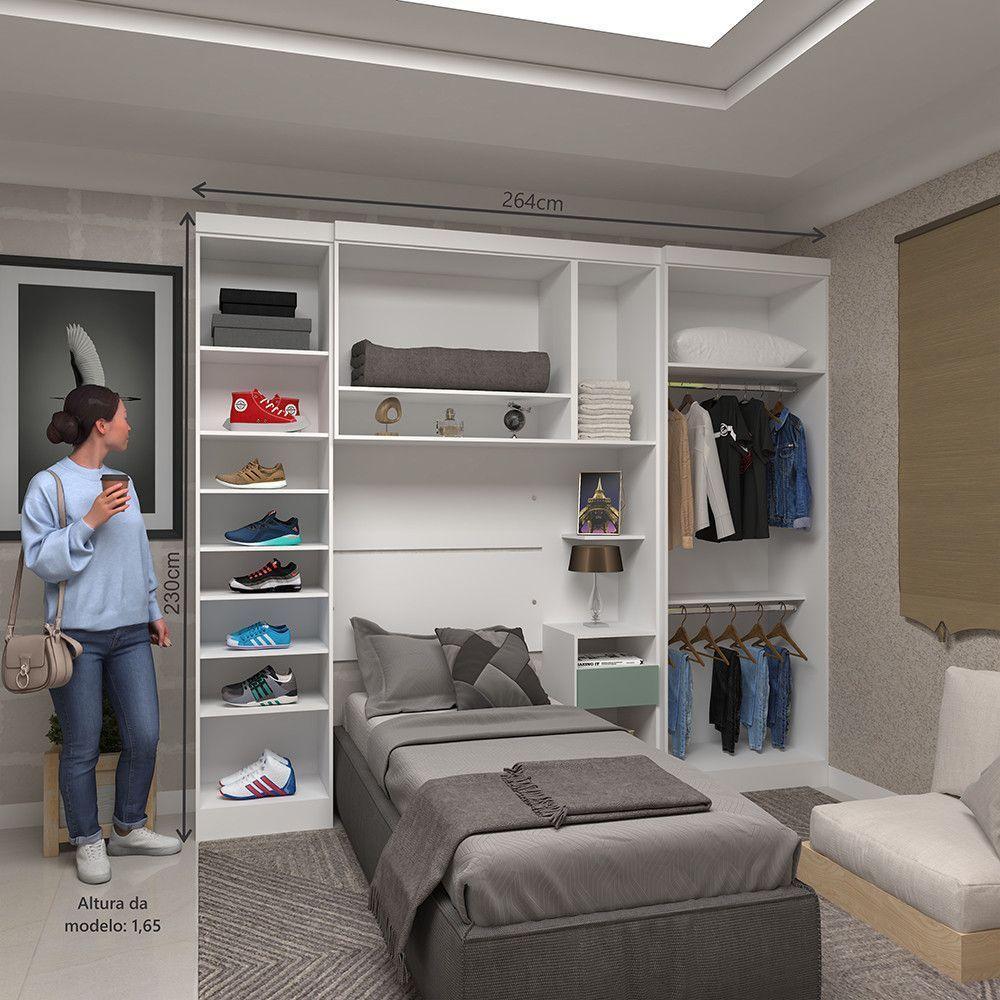 Quarto De Solteiro Com Guarda Roupas E Mesa De Cabeceira Alpes Luciane Móveis Branco Pf Com Verde Pf - 4
