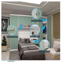 Quarto De Solteiro Com Guarda Roupas E Mesa De Cabeceira Alpes Luciane Móveis Branco Pf Com Verde Pf - 2