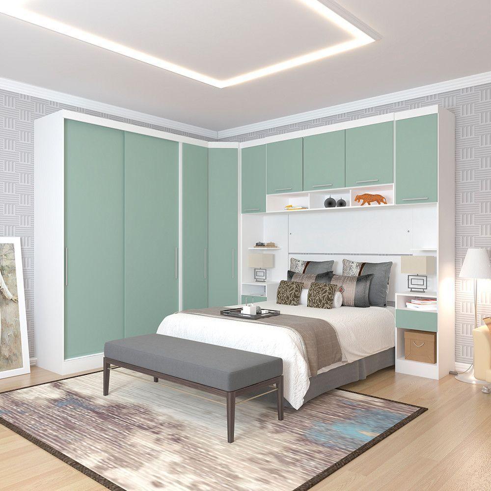 Quarto De Canto Casal Com Guarda Roupas Cabeceira E Mesas De Cabeceira Alpes Luciane Móveis Branco Pf Com Verde Pf - 1