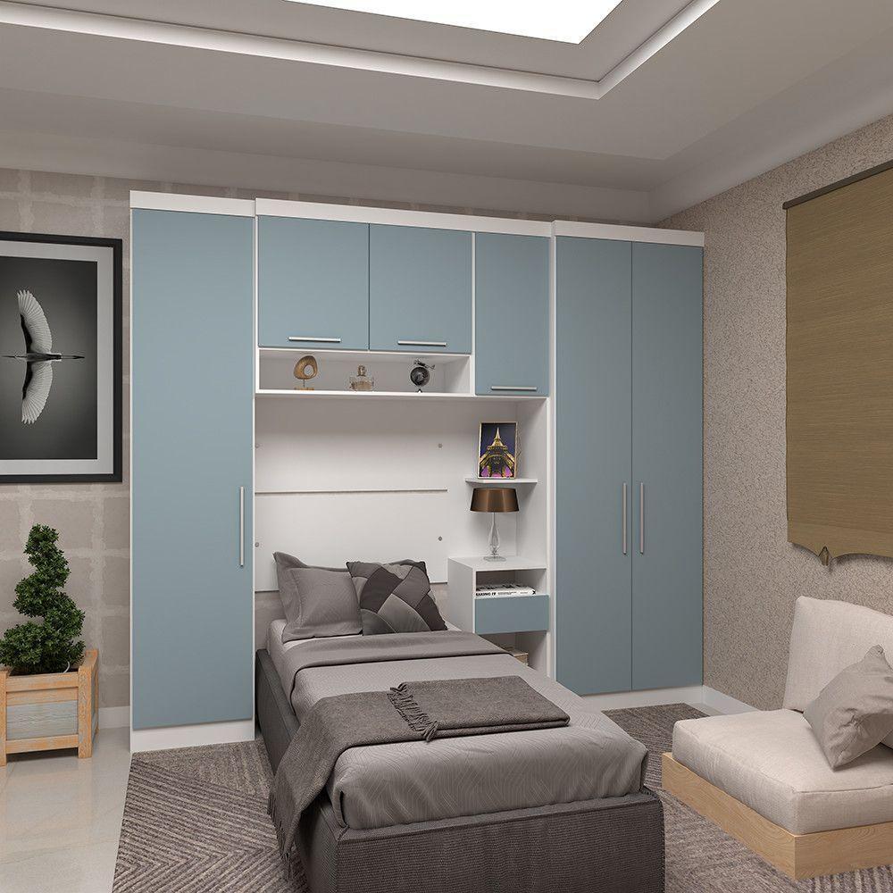 Quarto De Solteiro Com Guarda Roupas E Mesa De Cabeceira Alpes Luciane Móveis Branco Pf Com Grey Sky Pf - 1
