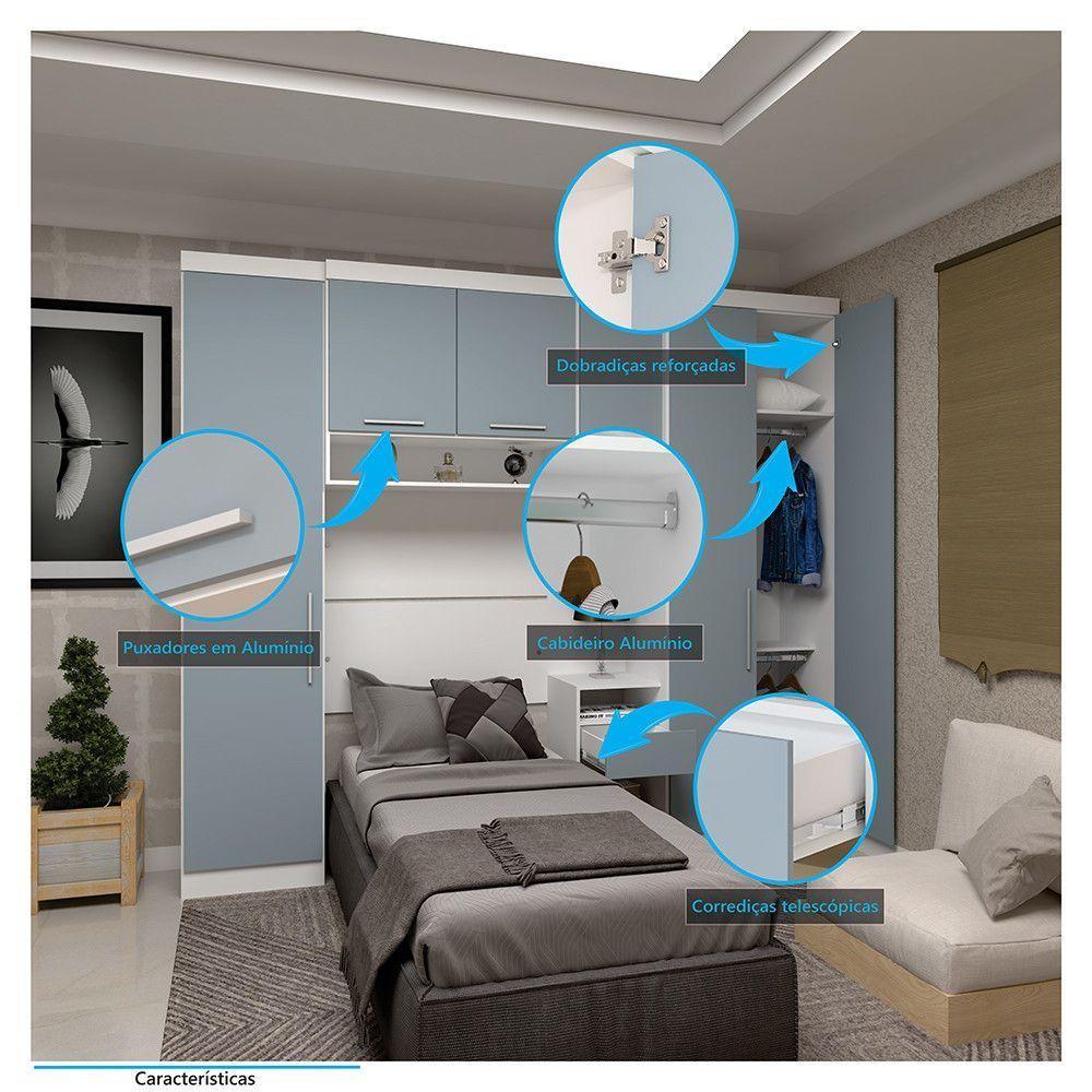 Quarto De Solteiro Com Guarda Roupas E Mesa De Cabeceira Alpes Luciane Móveis Branco Pf Com Grey Sky Pf - 2