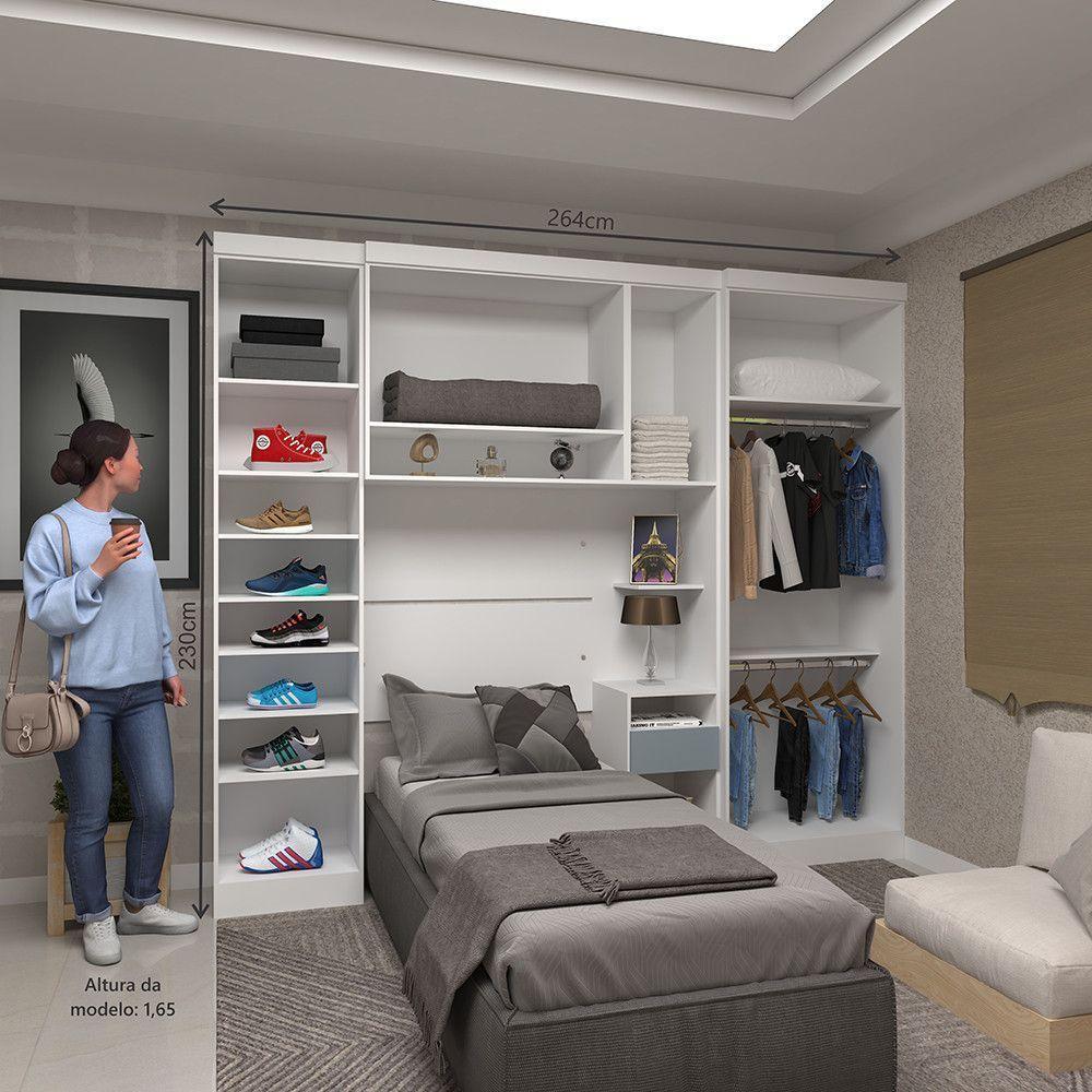 Quarto De Solteiro Com Guarda Roupas E Mesa De Cabeceira Alpes Luciane Móveis Branco Pf Com Grey Sky Pf - 4