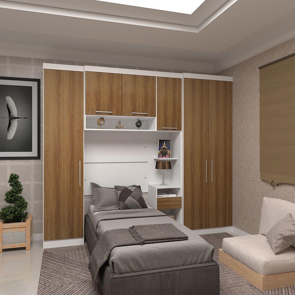 Quarto De Solteiro Com Guarda Roupas E Mesa De Cabeceira Alpes Luciane Móveis Branco Pf Com Avelã Pf - 1