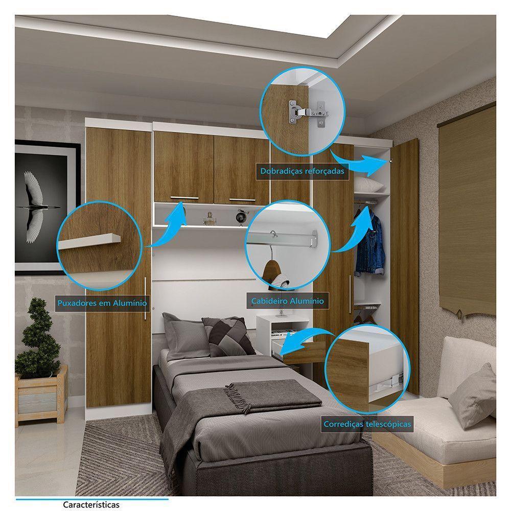 Quarto De Solteiro Com Guarda Roupas E Mesa De Cabeceira Alpes Luciane Móveis Branco Pf Com Avelã Pf - 3