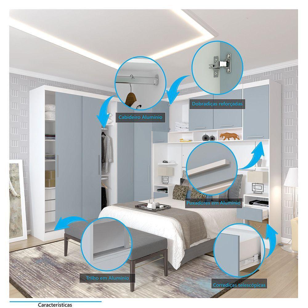 Quarto De Canto Casal Com Guarda Roupas Cabeceira E Mesas De Cabeceira Alpes Luciane Móveis Branco Pf Com Grey Sky Pf - 3