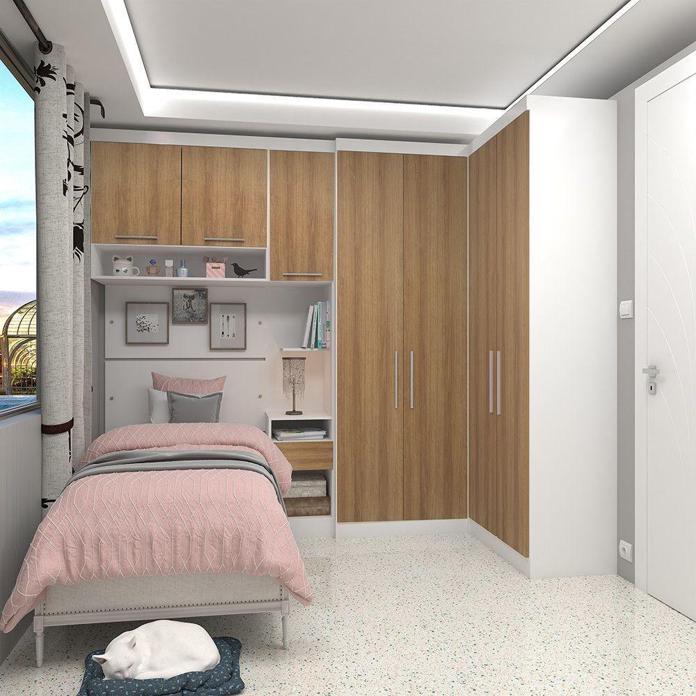 Quarto De Canto Solteiro Com Guarda Roupas Cabeceira E Mesa De Cabeceira Alpes Luciane Móveis Branco Pf Com Avelã Pf - 1
