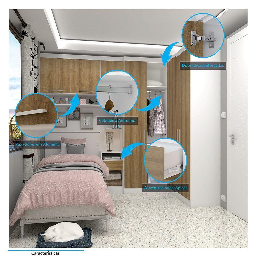Quarto De Canto Solteiro Com Guarda Roupas Cabeceira E Mesa De Cabeceira Alpes Luciane Móveis Branco Pf Com Avelã Pf - 3
