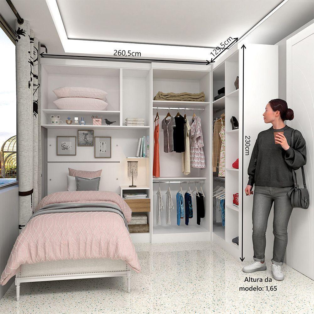 Quarto De Canto Solteiro Com Guarda Roupas Cabeceira E Mesa De Cabeceira Alpes Luciane Móveis Branco Pf Com Avelã Pf - 5