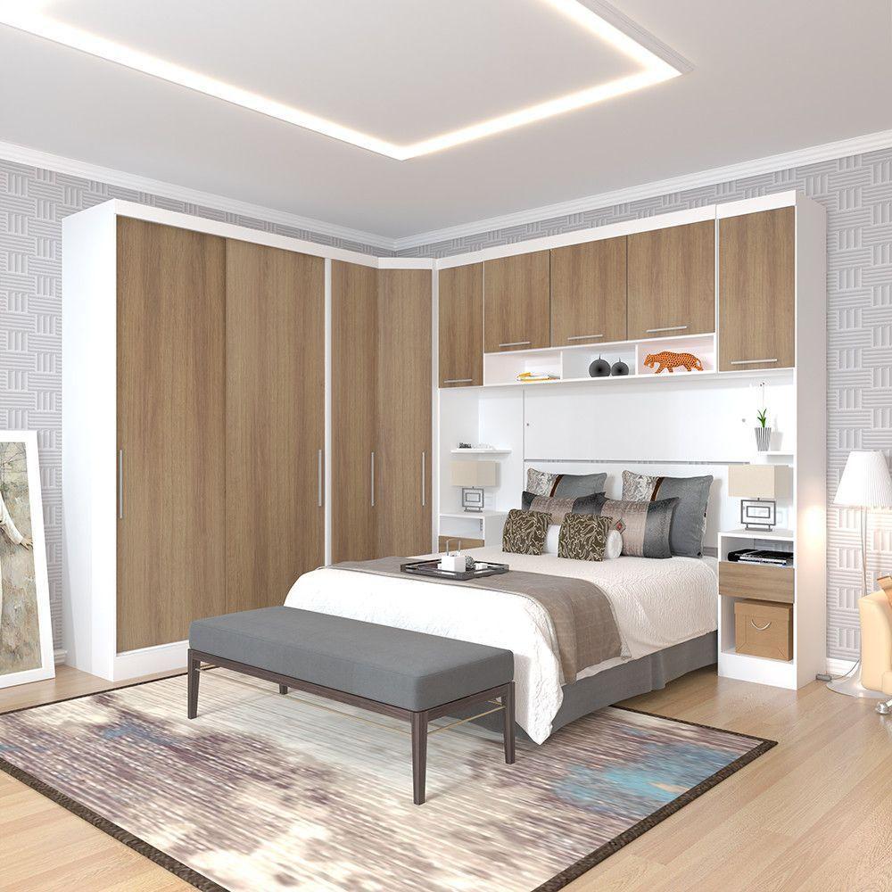Quarto De Canto Casal Com Guarda Roupas Cabeceira E Mesas De Cabeceira Alpes Luciane Móveis Branco Pf Com Avelã Pf - 1