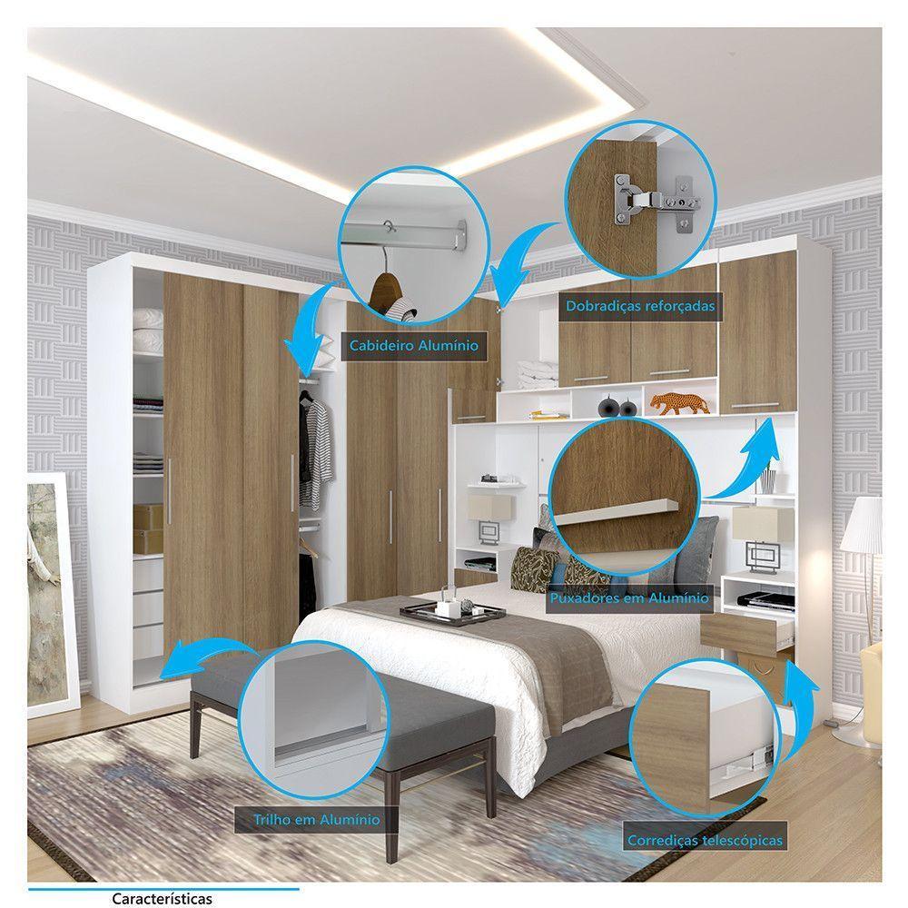Quarto De Canto Casal Com Guarda Roupas Cabeceira E Mesas De Cabeceira Alpes Luciane Móveis Branco Pf Com Avelã Pf - 3