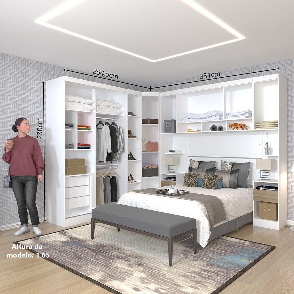 Quarto De Canto Casal Com Guarda Roupas Cabeceira E Mesas De Cabeceira Alpes Luciane Móveis Branco Pf Com Avelã Pf - 5
