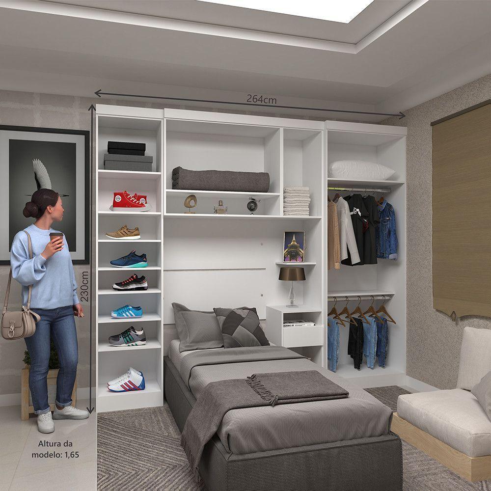 Quarto De Solteiro Com Guarda Roupas E Mesa De Cabeceira Alpes Luciane Móveis Branco Pf Com Branco Pf - 5
