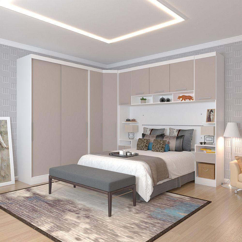 Quarto De Canto Casal Com Guarda Roupas Cabeceira E Mesas De Cabeceira Alpes Luciane Móveis Branco Pf Com Cinammon Pf - 1