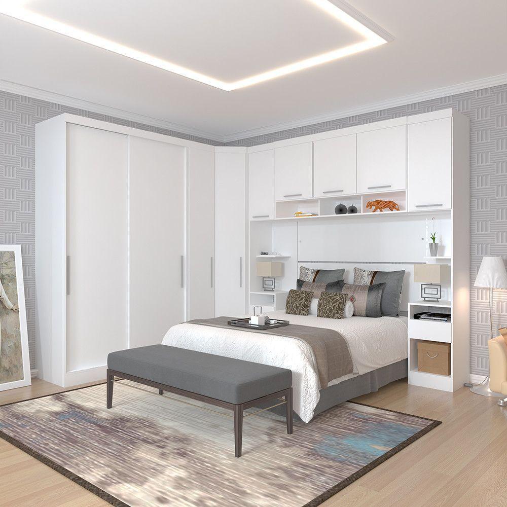 Quarto De Canto Casal Com Guarda Roupas Cabeceira E Mesas De Cabeceira Alpes Luciane Móveis Branco Pf Com Branco Pf - 1