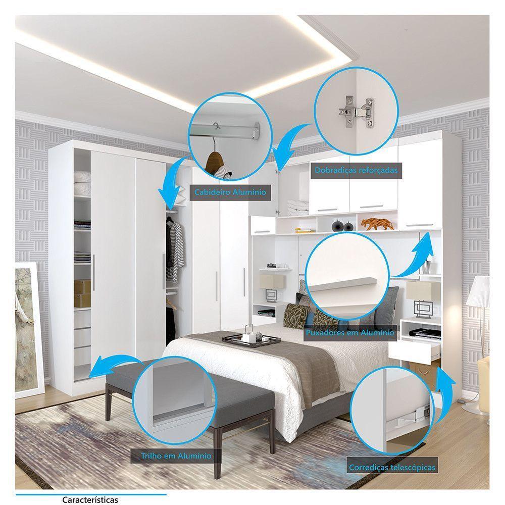 Quarto De Canto Casal Com Guarda Roupas Cabeceira E Mesas De Cabeceira Alpes Luciane Móveis Branco Pf Com Branco Pf - 3
