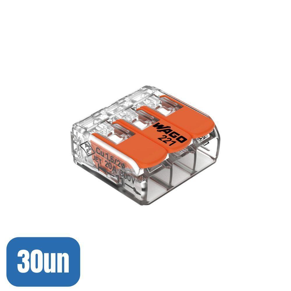 30 Conectores Emenda 4mm 3 Polos 221-413 - Wago - 1