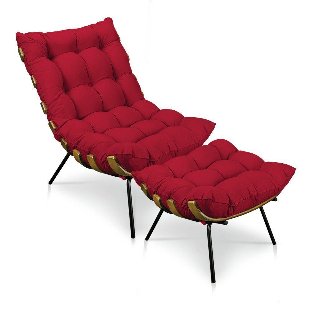 Kit Poltrona Costela Com Puff Para Sala Suede Vermelho - 1