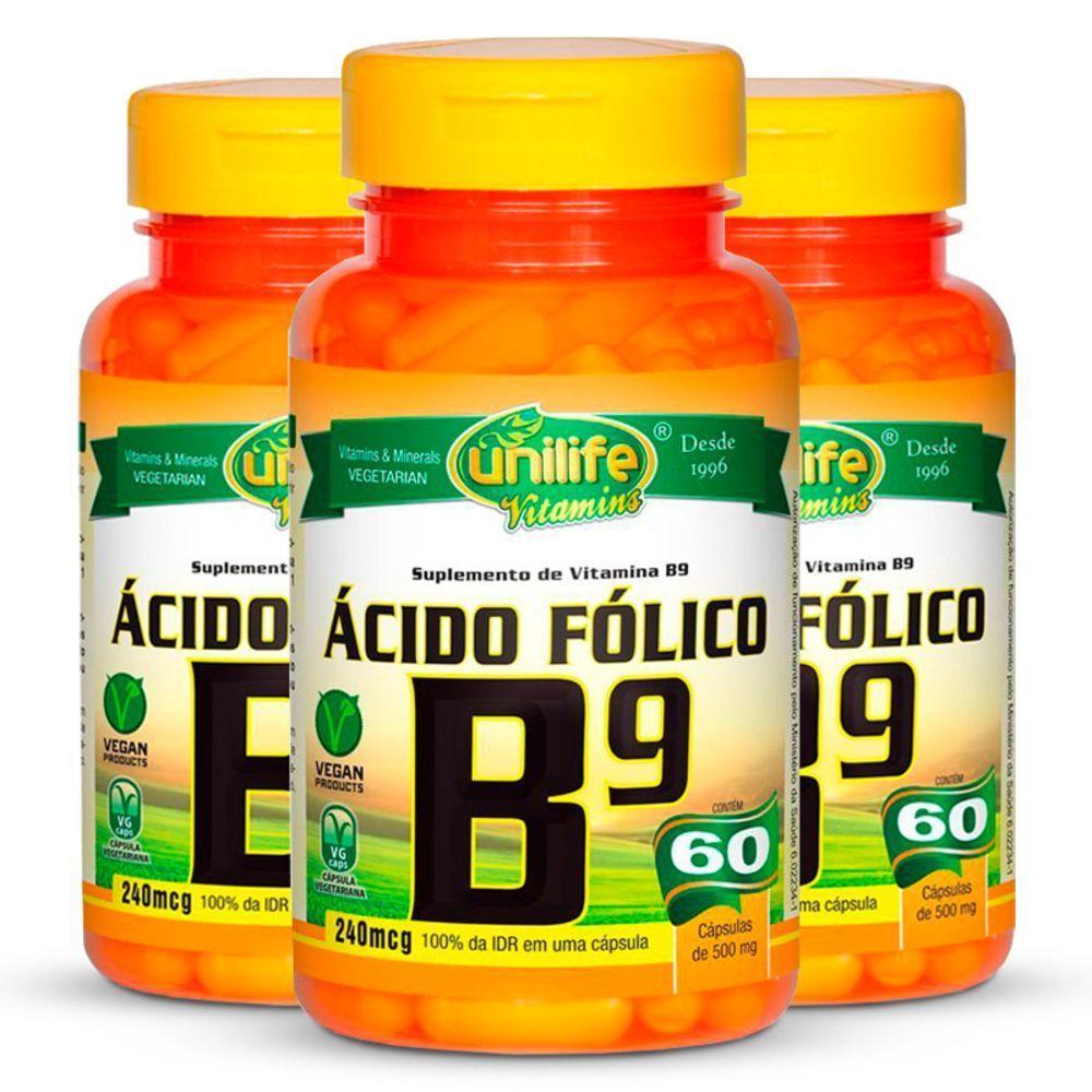 Kit 3 Vitamina B9 Ácido Fólico 60 Cápsulas Unilife - 2
