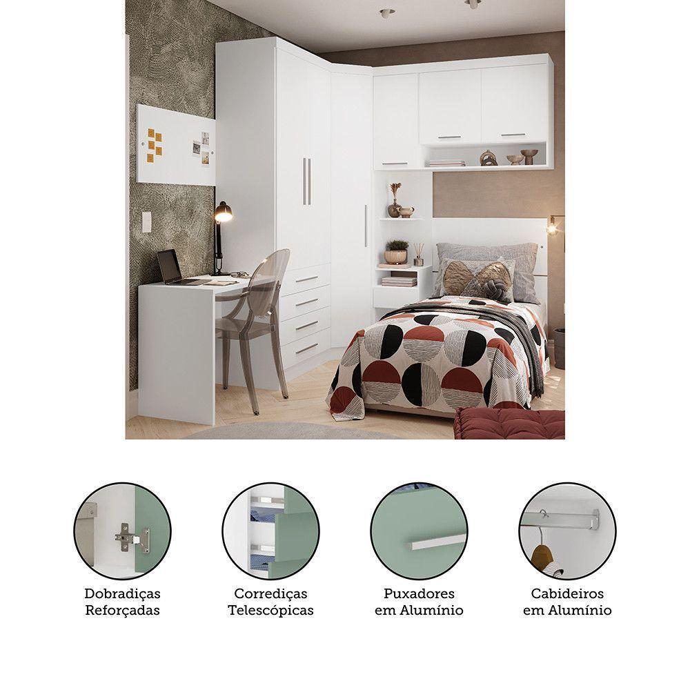 Quarto De Canto Solteiro Com Guarda Roupas Cabeceira E Escrivaninha Alpes Luciane Móveis Branco Pf Com Branco Pf - 3
