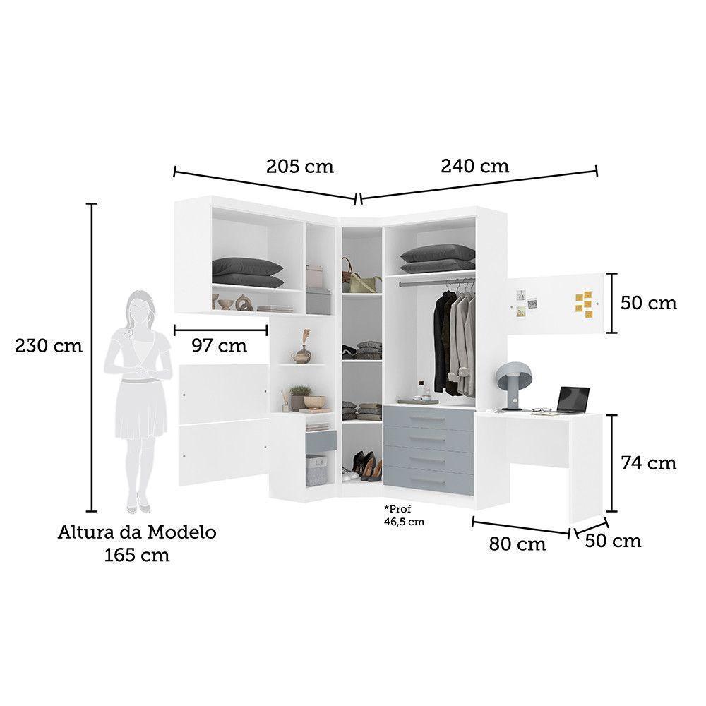 Quarto De Canto Solteiro Com Guarda Roupas Cabeceira E Escrivaninha Alpes Luciane Móveis Branco Pf Com Grey Sky Pf - 3