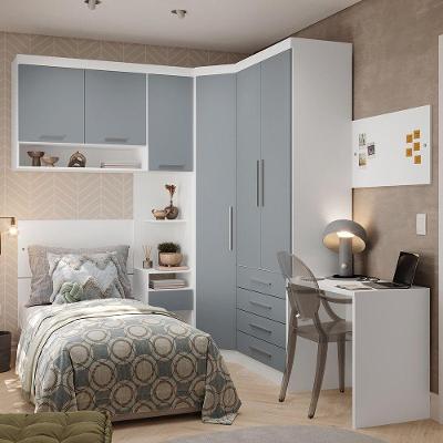 Quarto De Canto Solteiro Com Guarda Roupas Cabeceira E Escrivaninha Alpes Luciane Móveis Branco Pf Com Grey Sky Pf