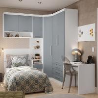 Quarto De Canto Solteiro Com Guarda Roupas Cabeceira E Escrivaninha Alpes Luciane Móveis Branco Pf Com Grey Sky Pf - 1