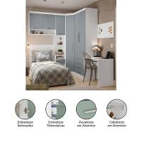 Quarto De Canto Solteiro Com Guarda Roupas Cabeceira E Escrivaninha Alpes Luciane Móveis Branco Pf Com Grey Sky Pf - 2
