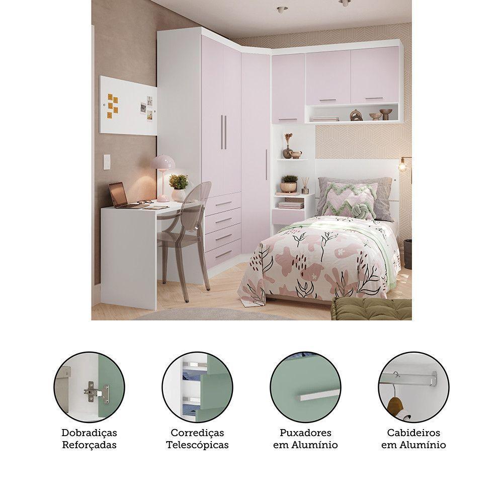 Quarto De Canto Solteiro Com Guarda Roupas Cabeceira E Escrivaninha Alpes Luciane Móveis Branco Pf Com Rosa Pf - 2