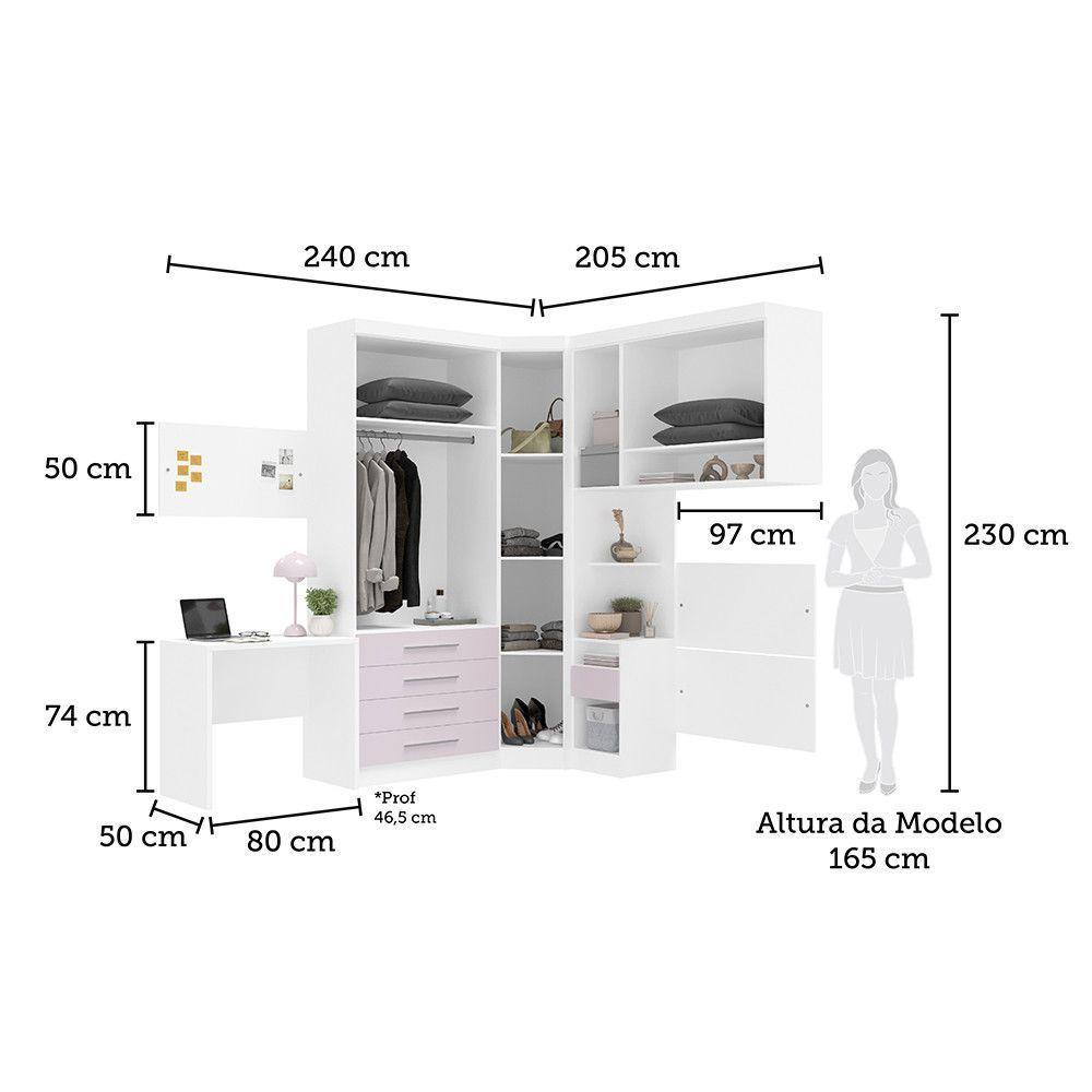 Quarto De Canto Solteiro Com Guarda Roupas Cabeceira E Escrivaninha Alpes Luciane Móveis Branco Pf Com Rosa Pf - 4