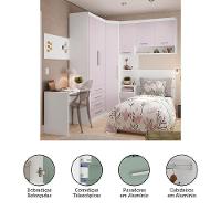 Quarto De Canto Solteiro Com Guarda Roupas Cabeceira E Escrivaninha Alpes Luciane Móveis Branco Pf Com Rosa Pf - 2