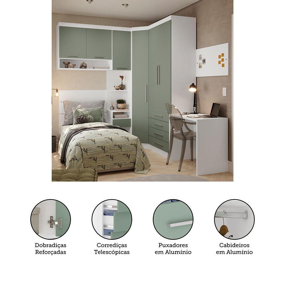 Quarto De Canto Solteiro Com Guarda Roupas Cabeceira E Escrivaninha Alpes Luciane Móveis Branco Pf Com Verde Pf - 2
