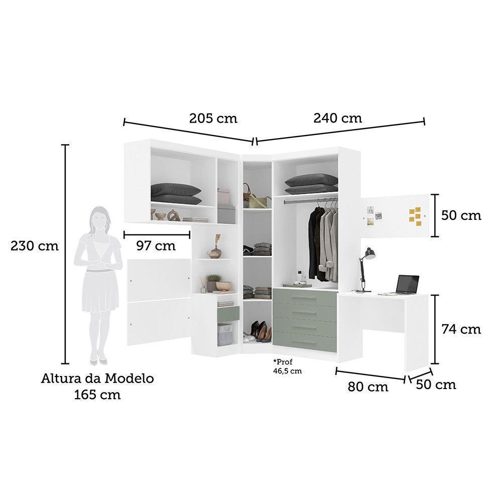 Quarto De Canto Solteiro Com Guarda Roupas Cabeceira E Escrivaninha Alpes Luciane Móveis Branco Pf Com Verde Pf - 5