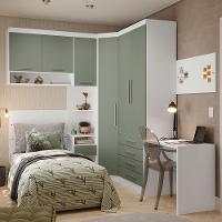Quarto De Canto Solteiro Com Guarda Roupas Cabeceira E Escrivaninha Alpes Luciane Móveis Branco Pf Com Verde Pf - 1