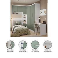 Quarto De Canto Solteiro Com Guarda Roupas Cabeceira E Escrivaninha Alpes Luciane Móveis Branco Pf Com Verde Pf - 2