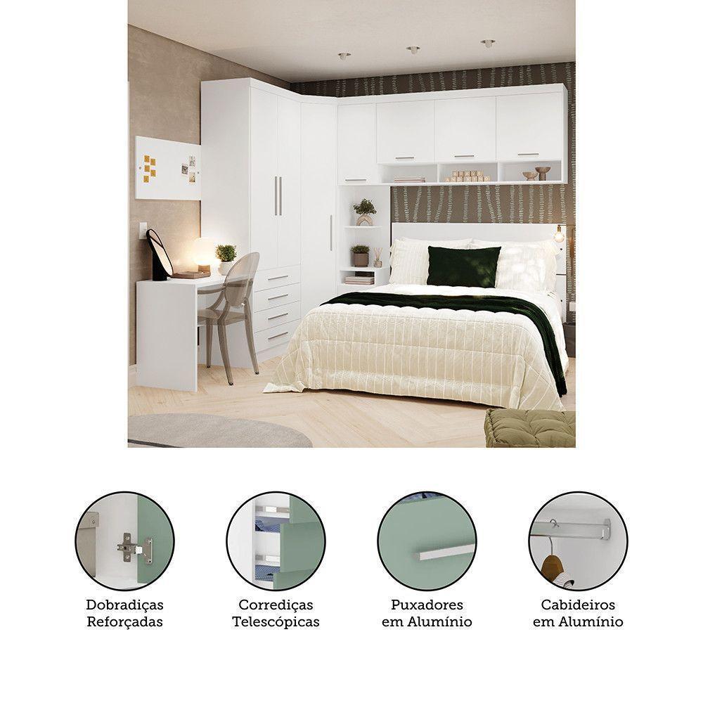 Quarto De Canto Casal Com Guarda Roupas Cabeceira E Escrivaninha Alpes Luciane Móveis Branco Pf Com Branco Pf - 5