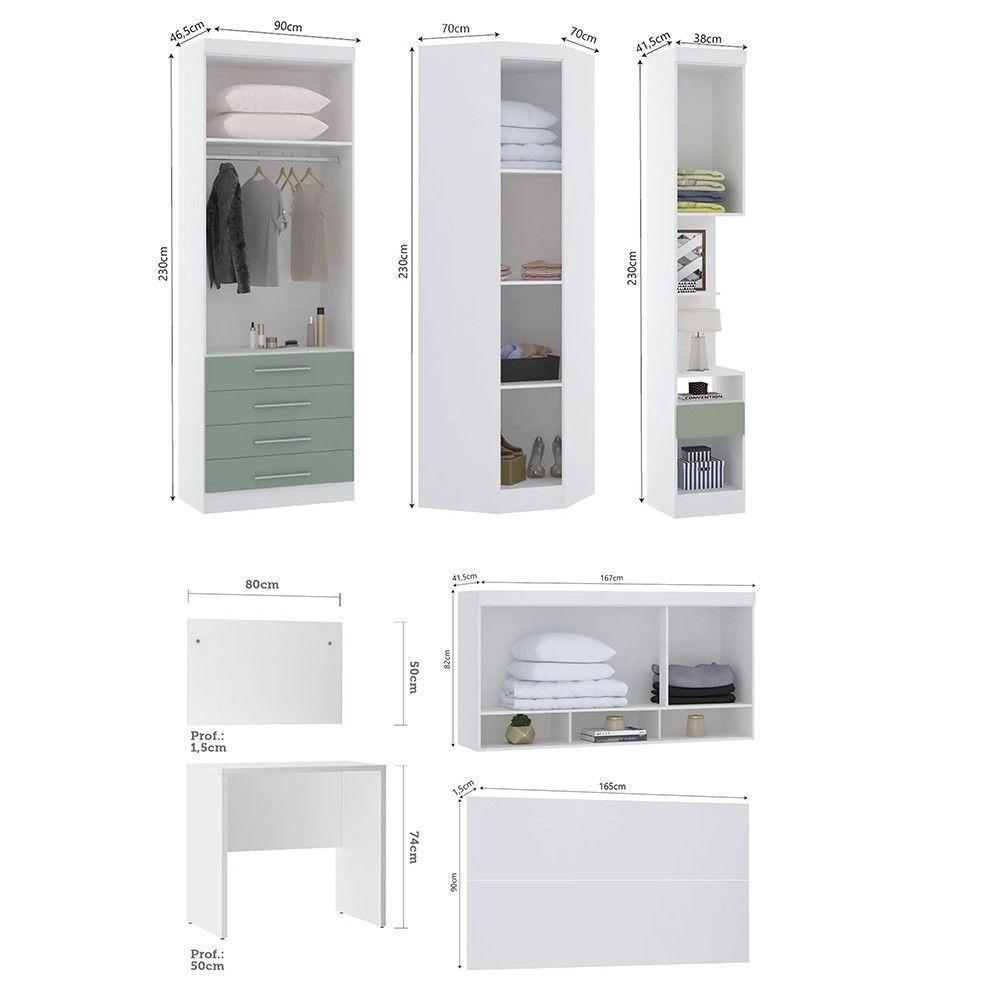 Quarto De Canto Casal Com Guarda Roupas Cabeceira E Escrivaninha Alpes Luciane Móveis Branco Pf Com Verde Pf - 3