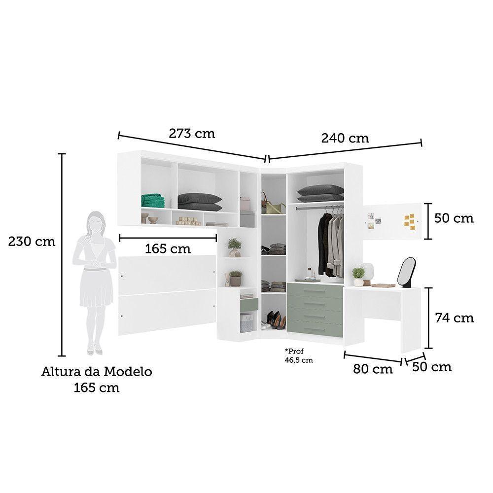 Quarto De Canto Casal Com Guarda Roupas Cabeceira E Escrivaninha Alpes Luciane Móveis Branco Pf Com Verde Pf - 4