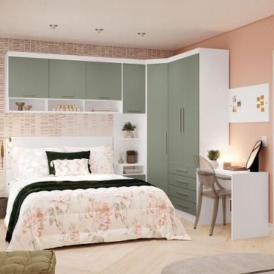 Quarto De Canto Casal Com Guarda Roupas Cabeceira E Escrivaninha Alpes Luciane Móveis Branco Pf Com Verde Pf