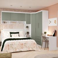 Quarto De Canto Casal Com Guarda Roupas Cabeceira E Escrivaninha Alpes Luciane Móveis Branco Pf Com Verde Pf - 1