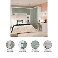 Quarto De Canto Casal Com Guarda Roupas Cabeceira E Escrivaninha Alpes Luciane Móveis Branco Pf Com Verde Pf - 5