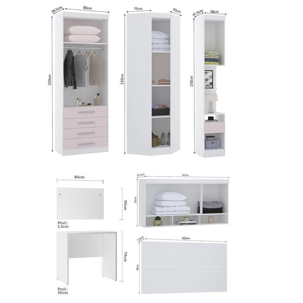 Quarto De Canto Casal Com Guarda Roupas Cabeceira E Escrivaninha Alpes Luciane Móveis Branco Pf Com Rosa Pf - 3
