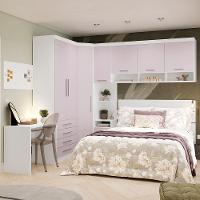 Quarto De Canto Casal Com Guarda Roupas Cabeceira E Escrivaninha Alpes Luciane Móveis Branco Pf Com Rosa Pf - 1