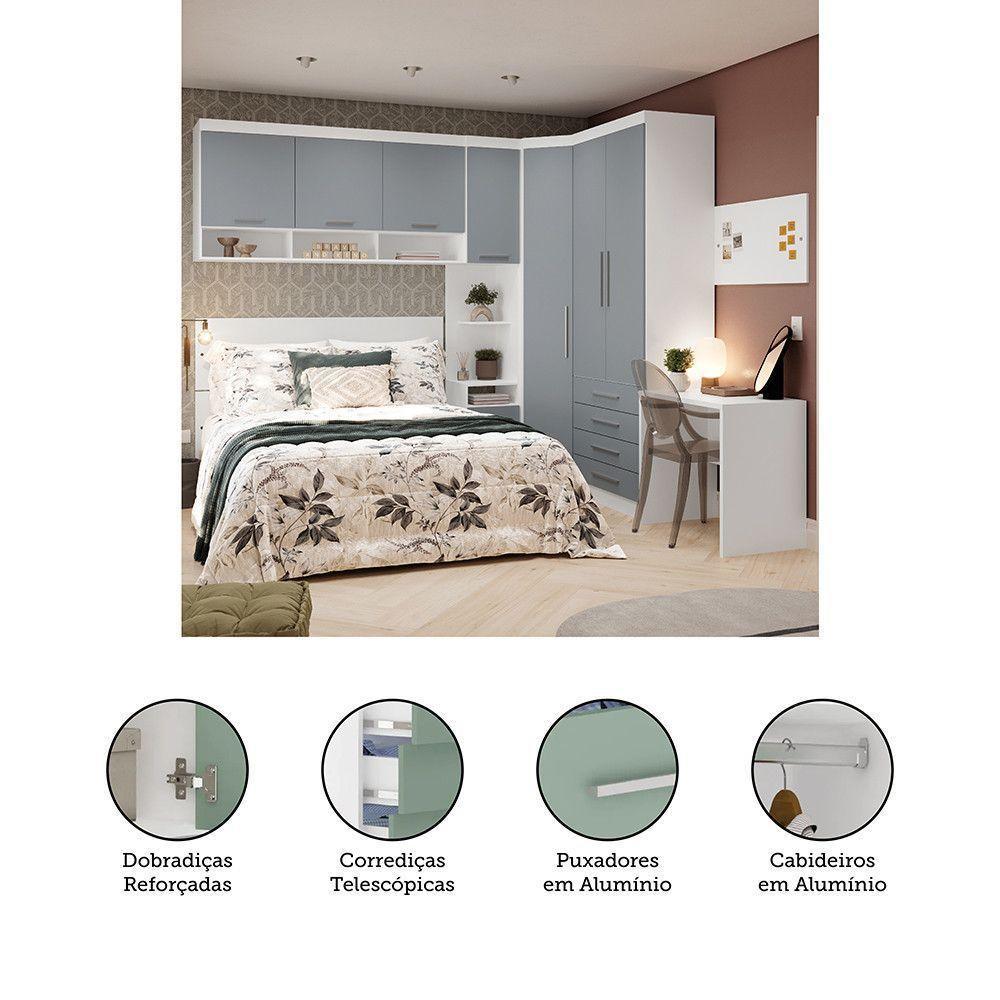 Quarto De Canto Casal Com Guarda Roupas Cabeceira E Escrivaninha Alpes Luciane Móveis Branco Pf Com Grey Sky Pf - 2
