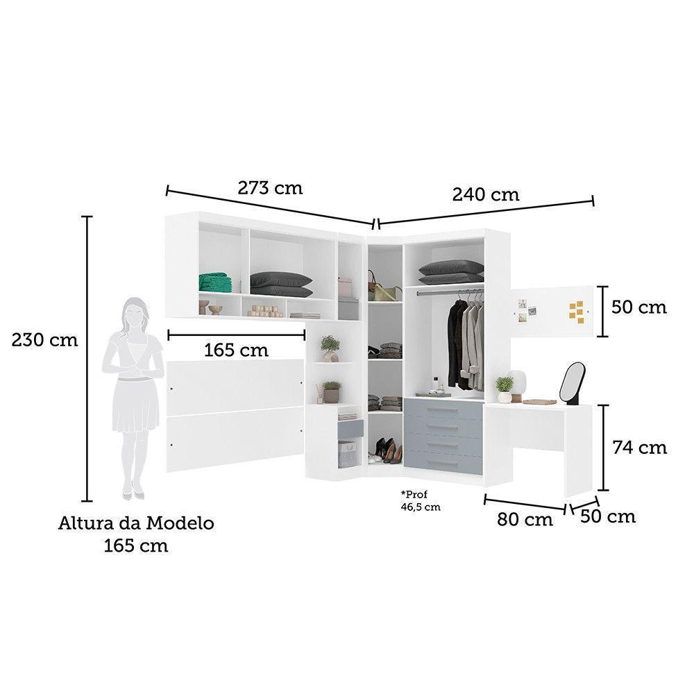 Quarto De Canto Casal Com Guarda Roupas Cabeceira E Escrivaninha Alpes Luciane Móveis Branco Pf Com Grey Sky Pf - 4