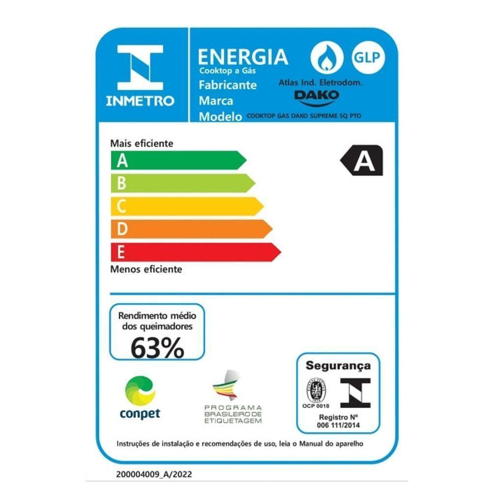Cooktop 5 Bocas Preto Com Mesa De Vidro E Tripla Chama Dako Supreme Bivolt - 3