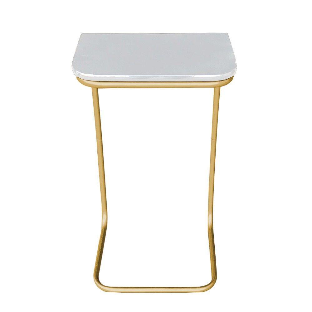 Kit 2 Mesas Lateral Tampo Branco P/ Sofá Base Dourado - 6