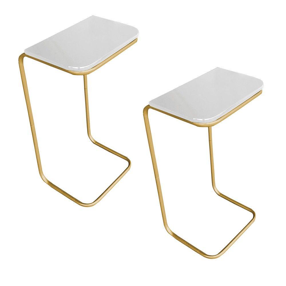 Kit 2 Mesas Lateral Tampo Branco P/ Sofá Base Dourado - 8