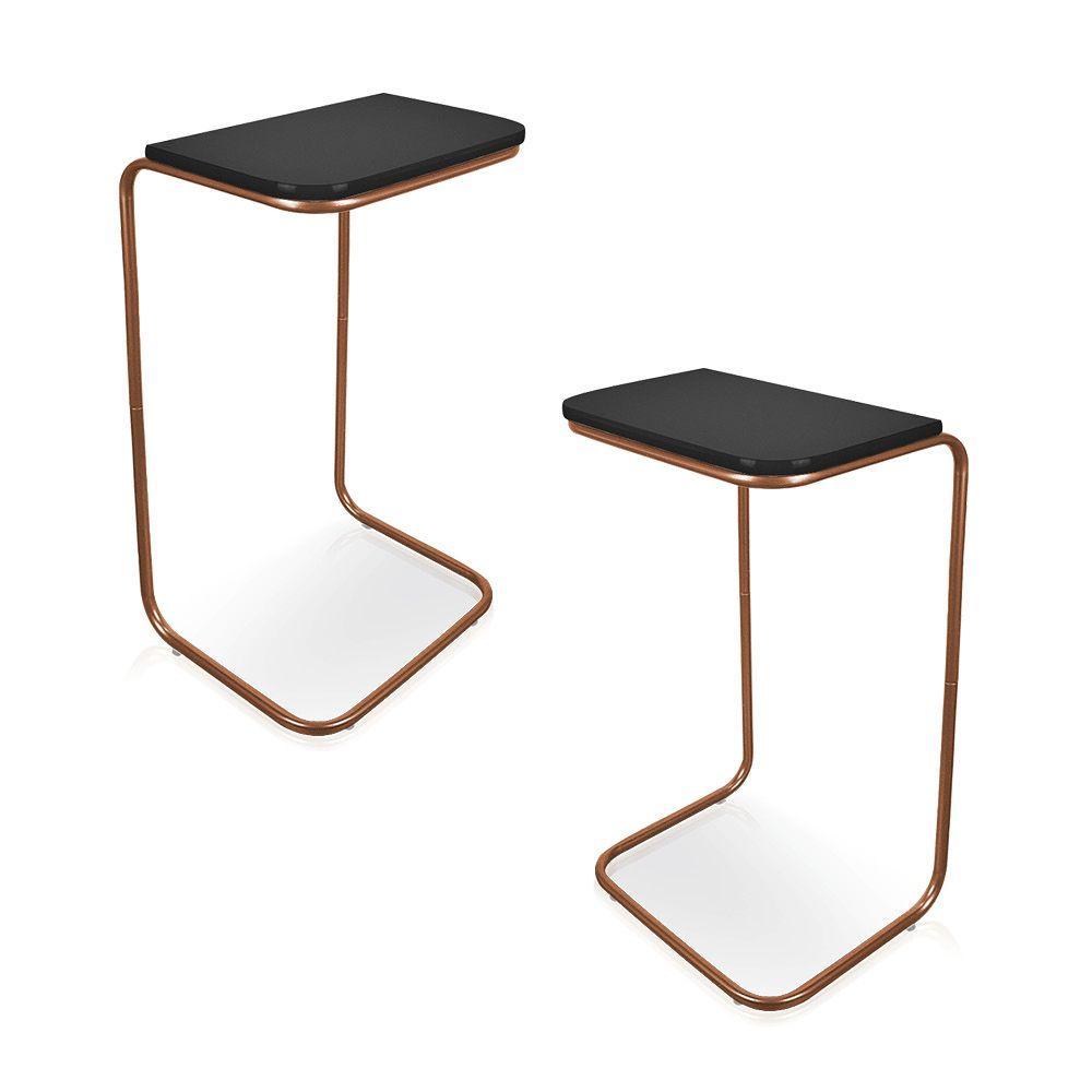 Kit 2 Mesas Lateral Tampo Multiuso P/ Sofá Base Bronze Preto - 1