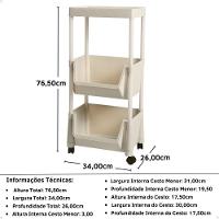 Carrinho Multiuso Prático 3 Prateleiras Em Plástico Com Rodízio - Creme - 3