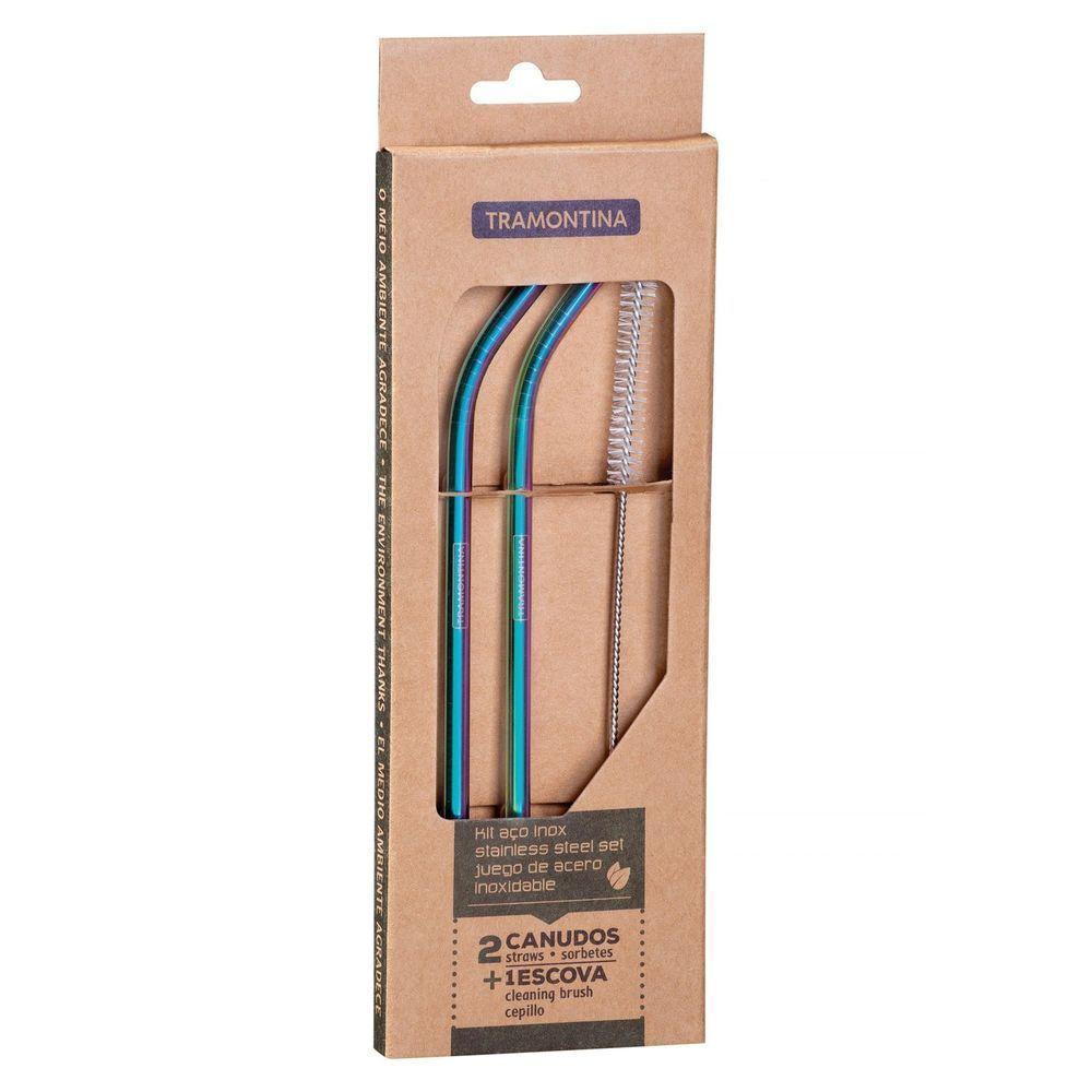 Jogo De Canudos Furta-cor Tramontina Em Aço Inox Com Escova 3 Peças Tramontina - 1